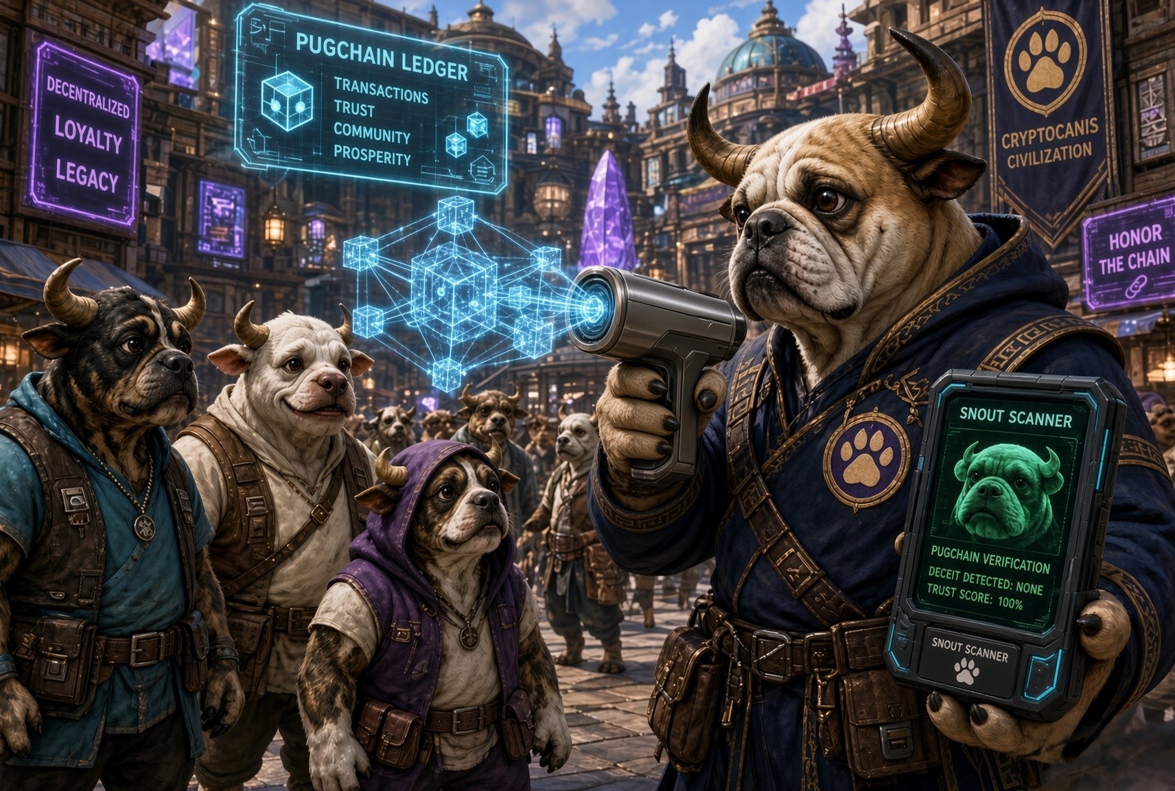 The Bullpughans — descendants of Bullpug's earliest companions, a Guardian raising a Snout Scanner over the PugChain