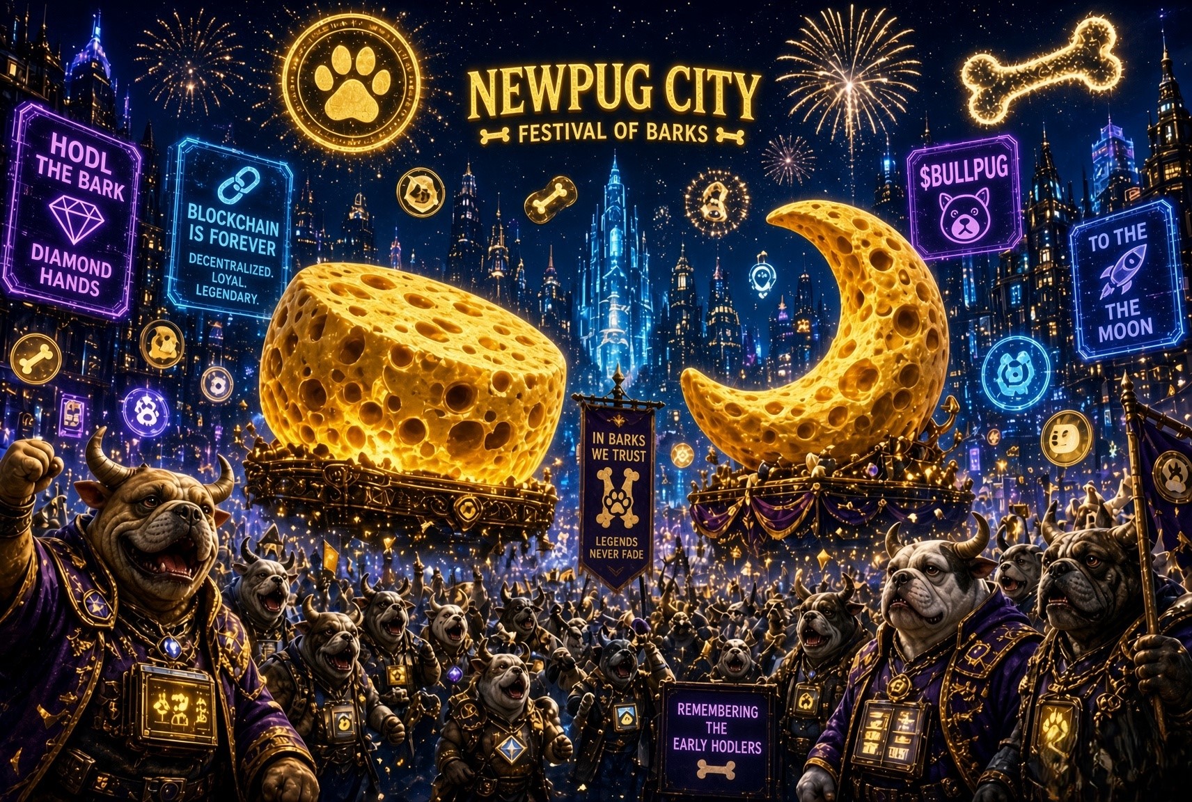 The Festival of Barks — coin- and bone-shaped fireworks above Newpug City, moon-cheese floats parading through the streets, Bullpughans in hodler costumes