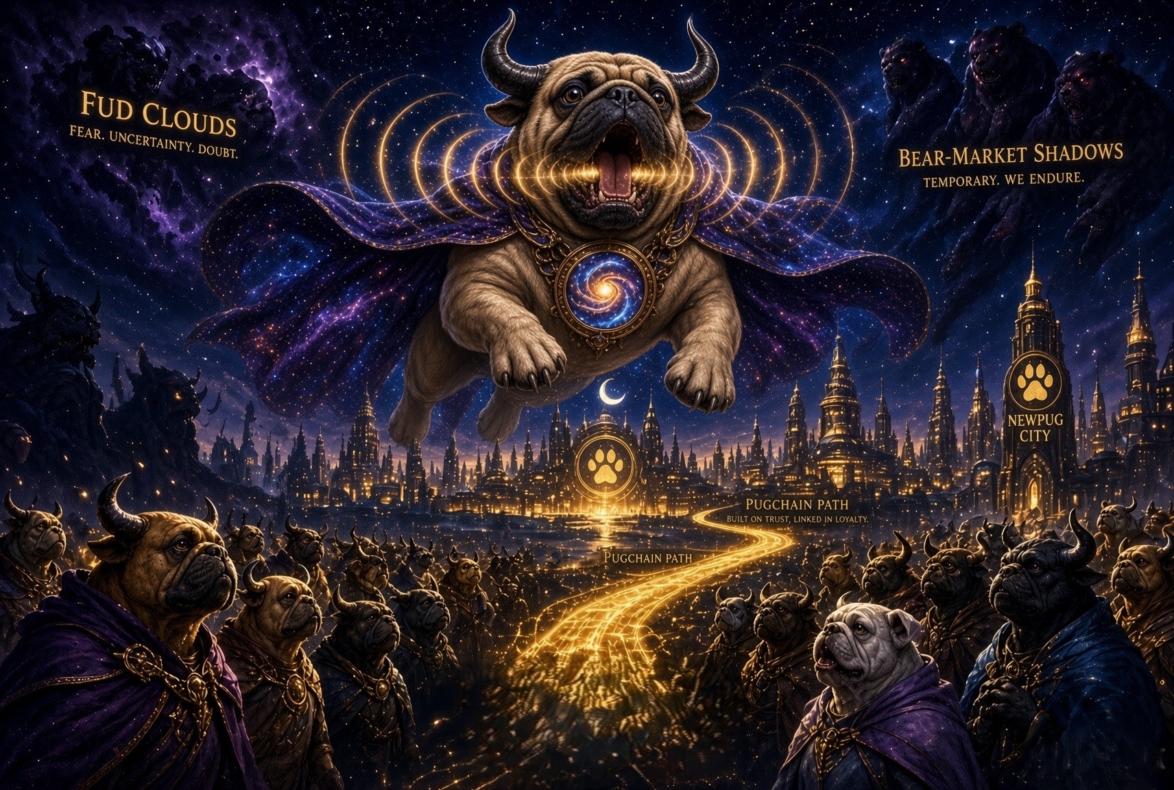 The Legacy — Bullpug in his cosmic cape, silhouetted against the nebula, the pack watching from the star field