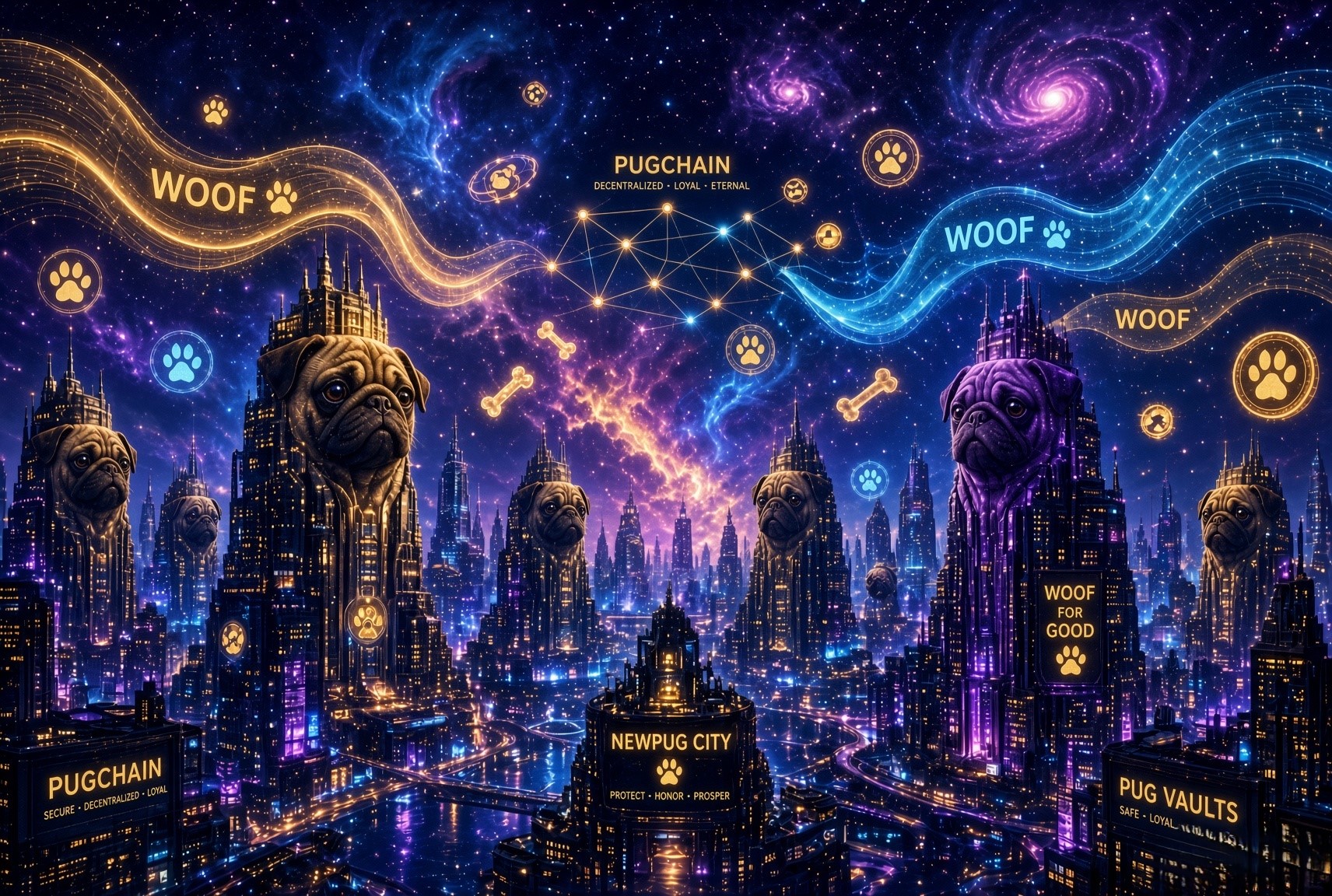 Newpug City — the metropolis at the heart of CryptoCanis, pug-faced skyscrapers running on the PugChain