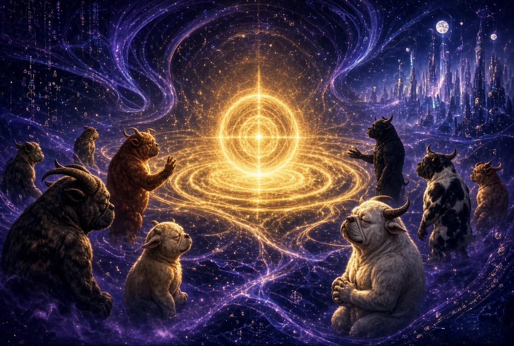 The Signal in the Noise — Bullpug above his followers, cutting a golden path through the FUD clouds and bear-market shadows