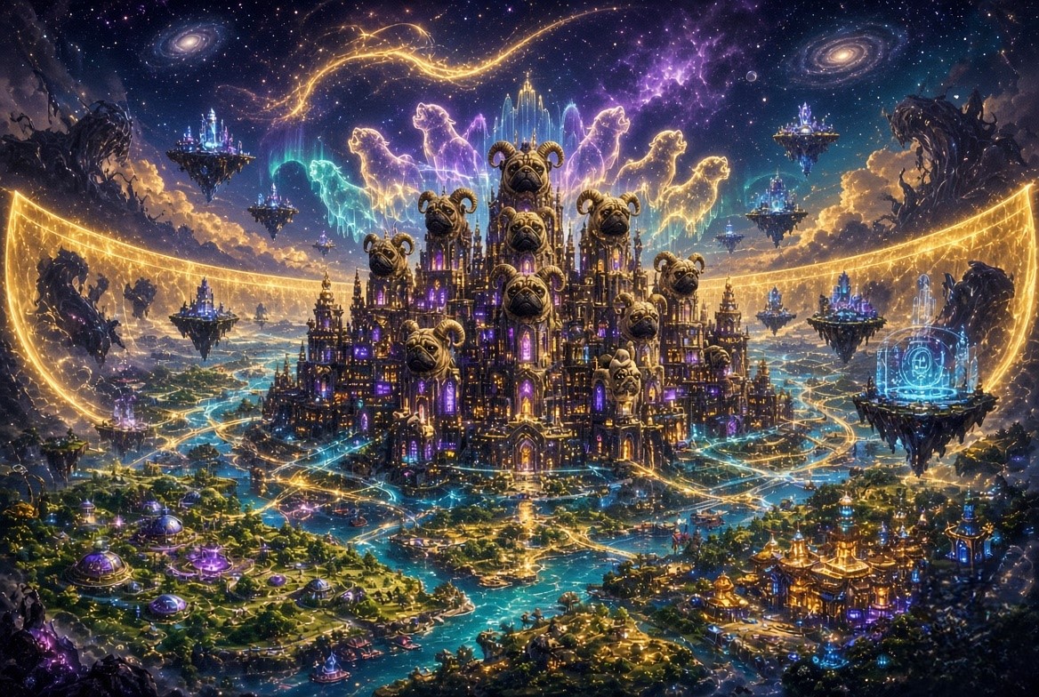 The World He Calls Home — Newpug City skyline of pug-faced skyscrapers under a cosmic nebula, holographic barks rippling like aurora